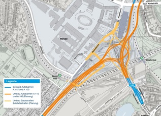 Kartendarstellung mit der eingezeichneten Lösung für die Umgestaltung des Autobahndreiecks Funkturm Berlin (verweist auf: Planfeststellungsverfahren „A 100/A 115, Umbau des Autobahndreiecks Funkturm“)